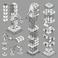 Isometric illustration of robotic assembly systems on a gray background. Three Royalty Free Stock Photo