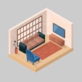 Isometric illustration of a room with furniture and symbols of c