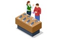 Isometric illustration of a sales assistant helping a customer choose a smartphone from a demo table with multiple Royalty Free Stock Photo