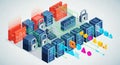 Isometric illustration of secure data servers and a network protected by firewalls and padlocks Royalty Free Stock Photo