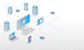 Isometric illustration of a secure digital network with connected servers, computers, and mobile devices, representing cloud Royalty Free Stock Photo