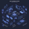 Isometric illustration of a self-learning system concept. Central AI chip connects to Royalty Free Stock Photo