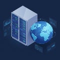sometric illustration of a server rack surrounded by digital data interfaces and a Royalty Free Stock Photo