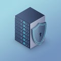 Isometric illustration of a server stack with multiple units and a large shield featuring Royalty Free Stock Photo