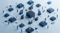 Isometric illustration showing a blockchain network with business figures, representing decentralized data