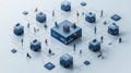 Isometric illustration showing a blockchain network with business figures, representing decentralized data