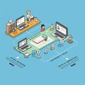 Isometric illustration showing a virtual classroom setup. Features three computer