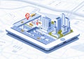 Isometric illustration of smart city mobile app on tablet