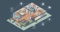 Isometric illustration of a smart home interior with various connected features. The Royalty Free Stock Photo