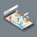 Isometric illustration of a smartphone displaying a map interface, featuring various Royalty Free Stock Photo