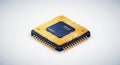 Isometric view of a stylized computer processor chip with yellow and blue accents Royalty Free Stock Photo