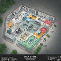 Isometric illustration of a tech store interior layout featuring various Royalty Free Stock Photo