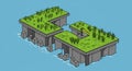 Isometric illustration of two floating platforms in the ocean. Each platform is covered Royalty Free Stock Photo