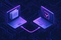 Isometric illustration of two laptops exchanging digital documents securely Royalty Free Stock Photo