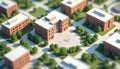 Isometric illustration of university campus with multiple brick buildings, green trees, pathways. Designed for clear navigation, Royalty Free Stock Photo