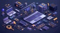 Isometric illustration of various computer hardware components surrounding an open laptop Royalty Free Stock Photo