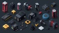 Isometric illustration of various electronic components and batteries on a dark background Royalty Free Stock Photo