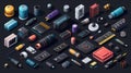 An isometric illustration of various electronic components on a black background Royalty Free Stock Photo