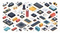 An isometric illustration of various electronic components and parts, including batteries, chips, and circuits Royalty Free Stock Photo