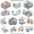 Isometric illustration of various office workspaces featuring people at desks with Royalty Free Stock Photo