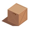 Isometric illustration of a vector cargo 3d brown wooden box with transportation symbols. Turned to the side