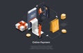 Isometric Illustration. Vector Cartoon 3D Style Design With Elements And People. Online Store And Payment, Order Goods
