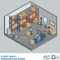 sometric illustration of a warehouse interior. Workers, wearing helmets and vests, Royalty Free Stock Photo