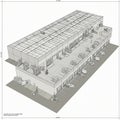 Isometric illustration of a warehouse structure featuring a grid-patterned roof and Royalty Free Stock Photo
