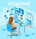 Isometric illustration of women working from home with computer and doing online meeting teleconferences with client