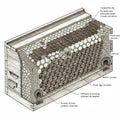 Isometric illustration of a wooden beehive cross-section highlighting hexagonal Royalty Free Stock Photo