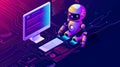 An isometric illustration of a working person working on a computer screen and a chatbot illustrating the concept of