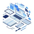 Isometric illustration of working process, time management, data analysis