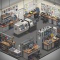 An isometric illustration of a workshop or engineering lab. Workbenches are equipped Royalty Free Stock Photo