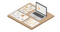 Isometric illustration of a workspace featuring a laptop and three printed documents Royalty Free Stock Photo