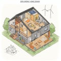 Isometric illustration of a zero-energy home design, featuring two Royalty Free Stock Photo