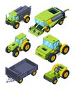 Isometric illustrations of combine, tractor and other various agriculture machines