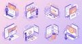 Isometric illustrations feature people interacting with digital devices displaying Royalty Free Stock Photo
