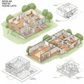 Isometric illustrations of a modular prefab house design showcase Royalty Free Stock Photo