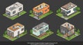 Isometric illustrations of small modular homes showcase contemporary designs, Royalty Free Stock Photo