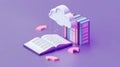 An isometric image of an educational or language learning web site with a book in the cloud on a violet background.