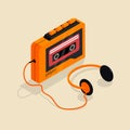 Isometric image of an old retro cassette player with headphones. Royalty Free Stock Photo