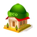 Isometric image of privat house with hat. Ecological modern warm home isolated