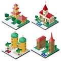 Isometric image set with public buildings, benches, trees, cars and people