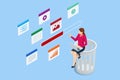 Isometric inbox organisation and clean-up, spam email envelopes with trash can. Browsing an email inbox full of spam