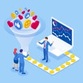 Isometric increasing conversion rates strategy. Data monetization, monetizing of data services, selling of data analysis Royalty Free Stock Photo
