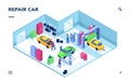 Isometric indoor view on car service, auto repair Royalty Free Stock Photo