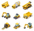 Isometric industrial machinery. 3d construction equipment truck vehicle power tools heavy machine excavator bulldozer Royalty Free Stock Photo