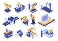 Isometric industrial robots. Assembly line machines, robotic arms with engineer workers and manufacturing technologies