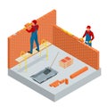 Isometric industrial worker building exterior walls, using hammer and level for laying bricks in cement. Construction Royalty Free Stock Photo