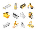 Isometric industry robots. Robotics manipulators machines, heavy technologies for factories, manufactures. Industrial